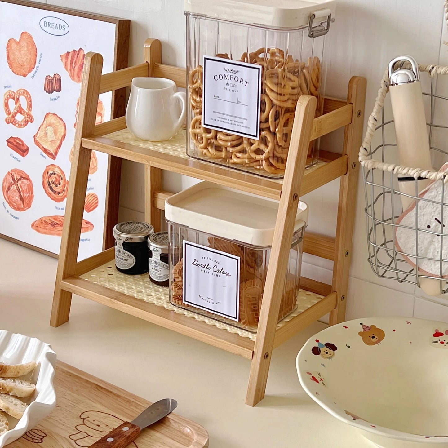 Inttox-🧺✨ Étagère Double en Rotin Antique  🌿📚