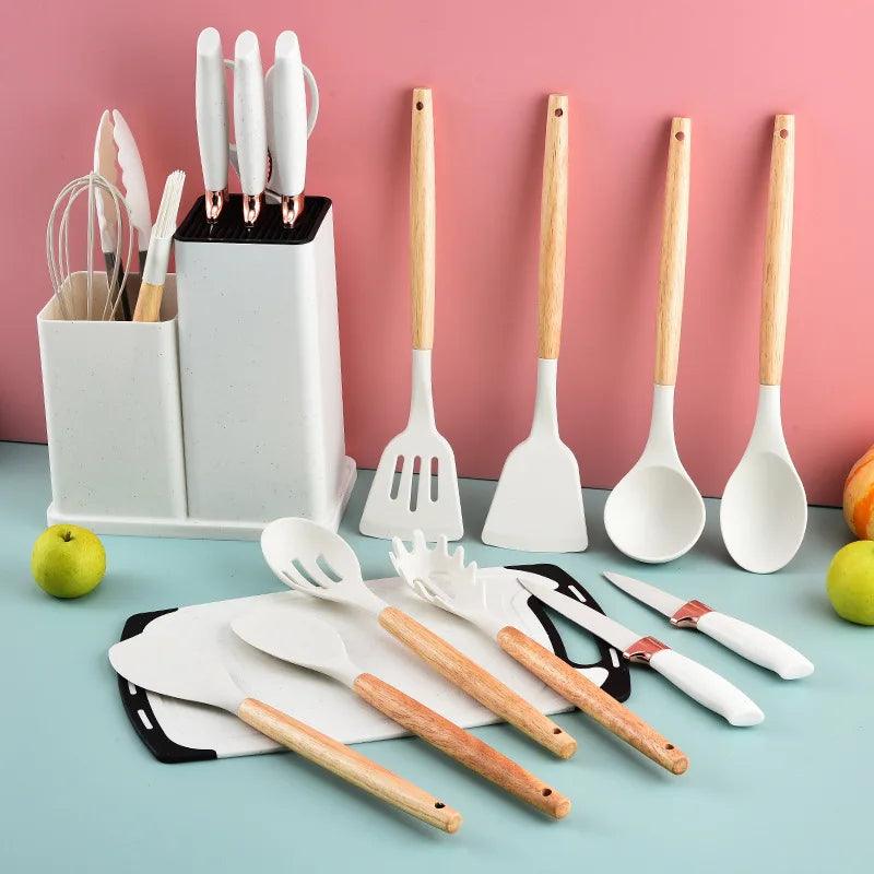 Inttox-Ensemble d'Ustensiles de Cuisine en Silicone avec Manche en Bois-18 piece - Inttox