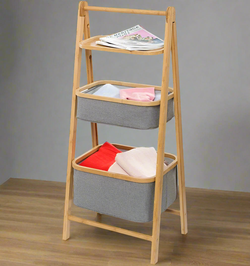 Inttox-Étagère de Rangement Pliable à 3 Niveaux en Bambou avec 2 Paniers en Tissu pour Salle de Bain