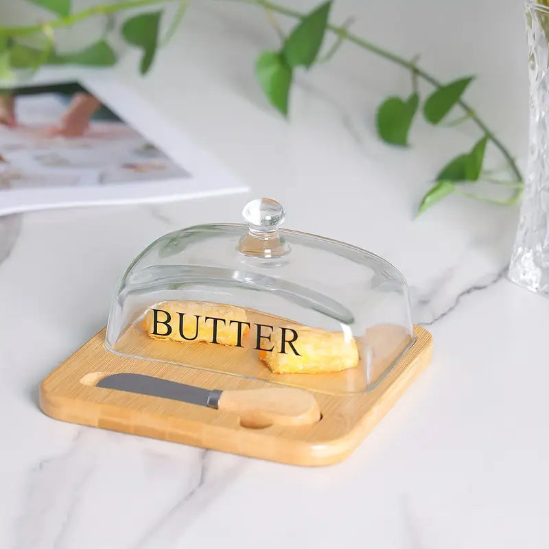 Inttox-🧈 Beurrier Chic – Couvercle en Verre & Plateau en Bambou Naturel 🌿