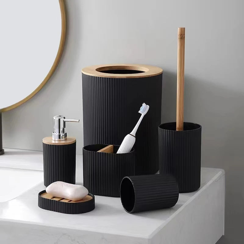 Inttox-🚿 Ensemble d'Accessoires de Salle de Bain en Bambou – 7 Pièces 🪵✨