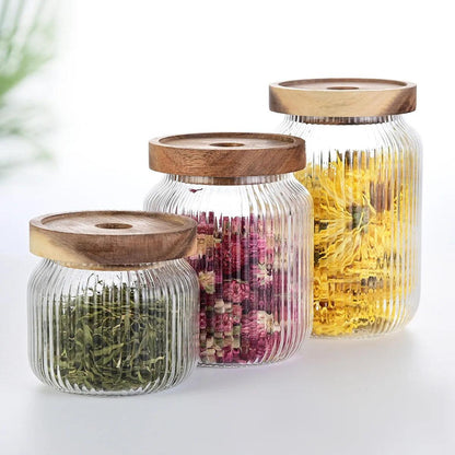 Inttox-Lot de 3 bocaux de cuisine en verre transparent avec couvercle hermétique en bambou pour bonbons