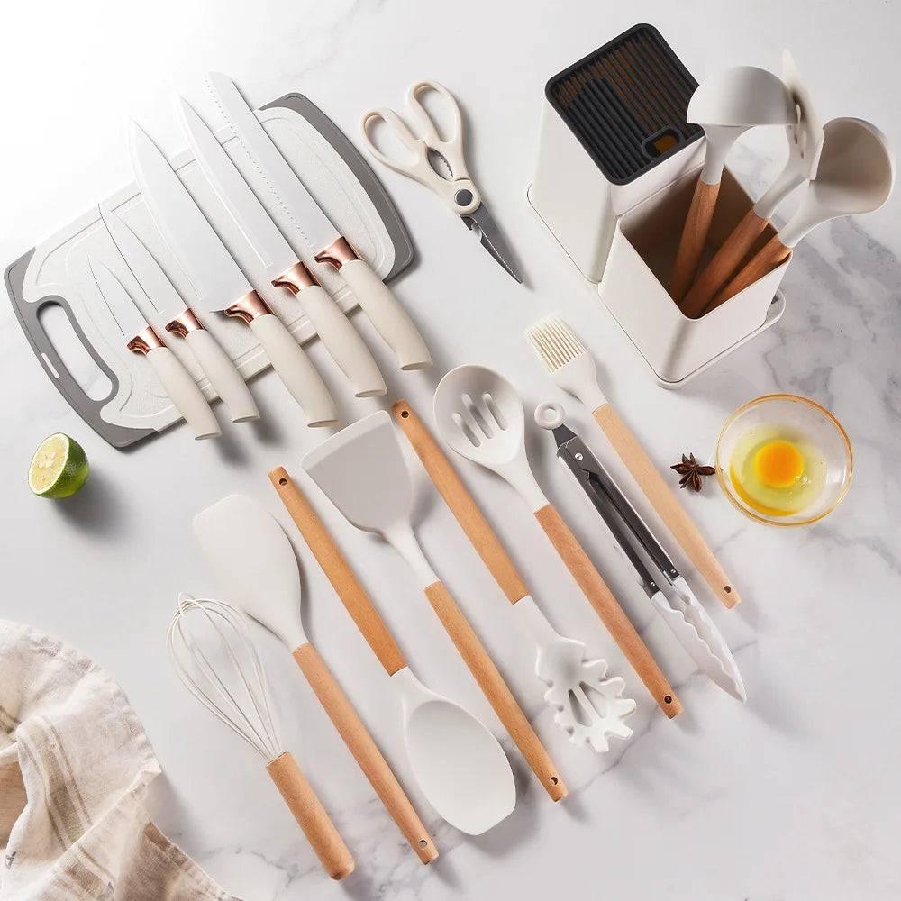 Inttox-Ensemble d'Ustensiles de Cuisine en Silicone avec Manche en Bois-18 piece - Inttox