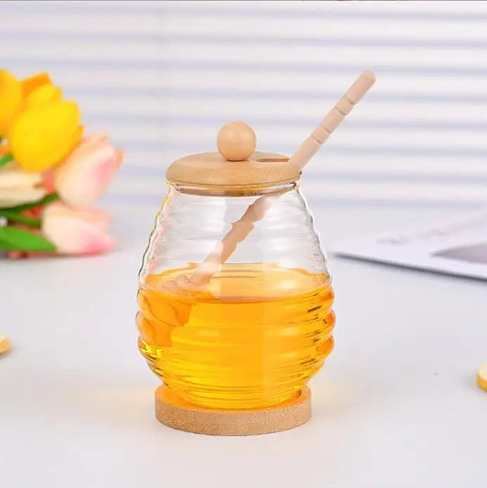 Inttox-Pot à Miel en Verre Borosilicate 🍯 avec Couvercle & Cuillère en Bambou