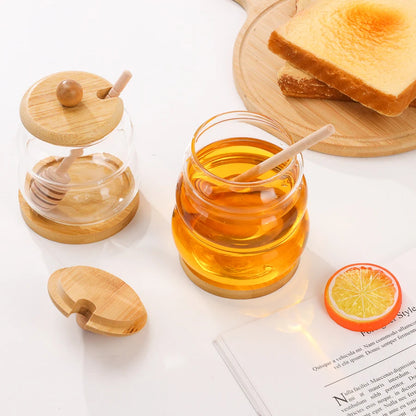 Inttox-🍯 Pot à Miel Rond en Verre Transparent avec Couvercle en Bois