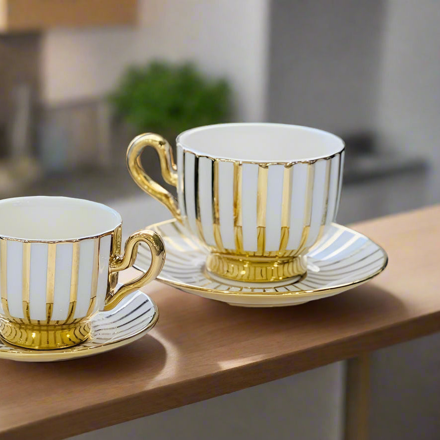 Inttox-✨☕ Service de Tasses à Café Rayées Or & Blanc – Élégance Royale (12 Pièces) 👑🎁