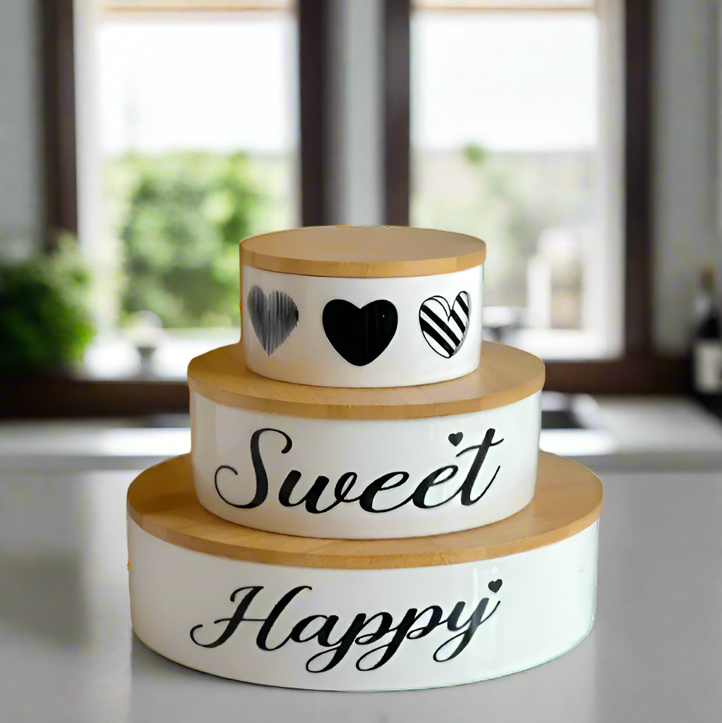 Inttox-🫙✨ Ensemble de Boîtes de Rangement "Sweet & Happy" – 3 pièces avec Couvercles en Bambou 💛🌿