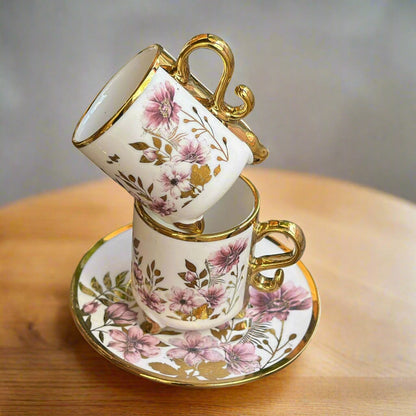 Inttox-☕🌸 Ensemble de tasses à café en porcelaine avec soucoupes – Motif floral doré élégant