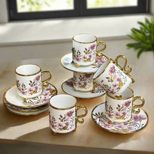 Inttox-☕🌸 Ensemble de tasses à café en porcelaine avec soucoupes – Motif floral doré élégant