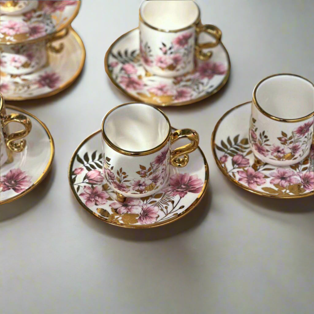 Inttox-☕🌸 Ensemble de tasses à café en porcelaine avec soucoupes – Motif floral doré élégant