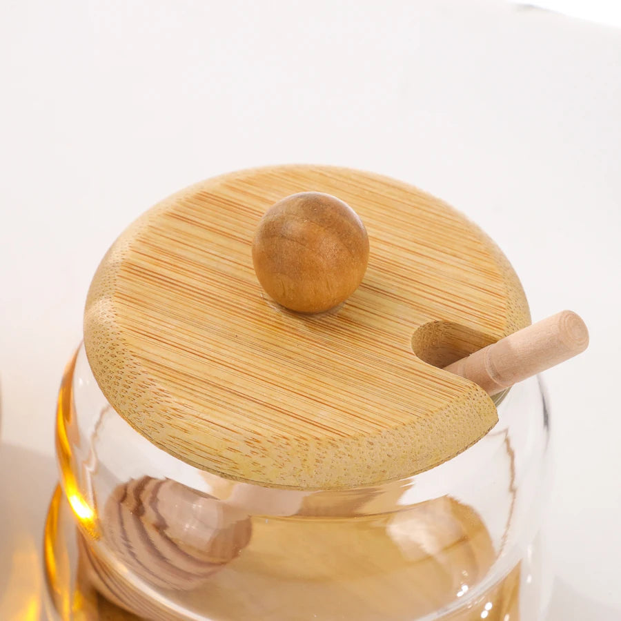 Inttox-🍯 Pot à Miel Rond en Verre Transparent avec Couvercle en Bois