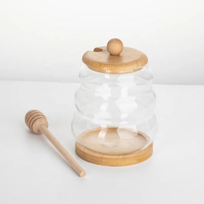 Inttox-🍯 Pot à Miel Rond en Verre Transparent avec Couvercle en Bois