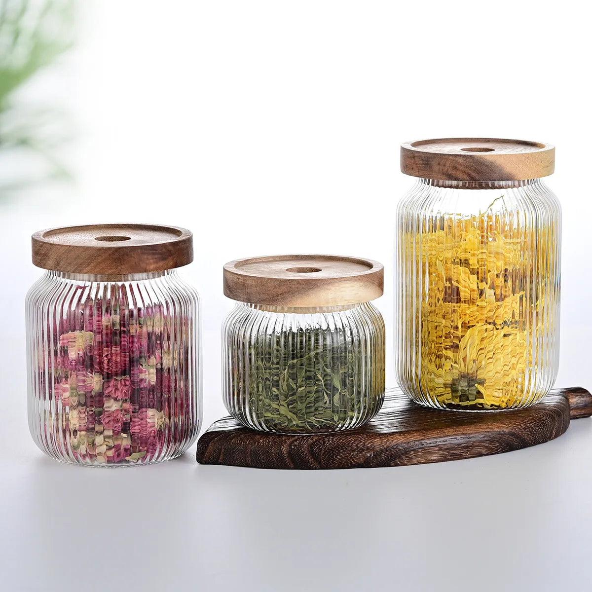 Inttox-Lot de 3 bocaux de cuisine en verre transparent avec couvercle hermétique en bambou pour bonbons