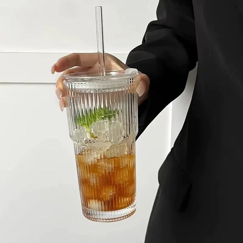 Inttox-☕ Tasse à Café en Verre Rayé avec Couvercle & Paille – 600 ml