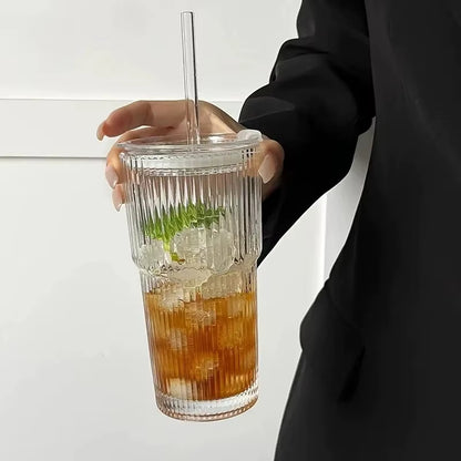 Inttox-☕ Tasse à Café en Verre Rayé avec Couvercle & Paille – 600 ml