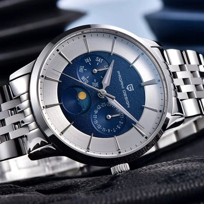 ⌚ PAGANI DESIGN – Montre Homme 40mm à Quartz Multifonctionnelle 🌕 Mouvement Japonais | Phase de Lune | Verre Saphir 💎 | Étanche 100M – Style Élégant & Moderne
