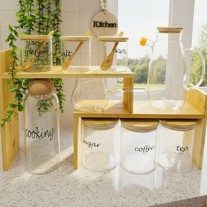 Inttox-Ensemble de bocaux en verre avec support en bambou