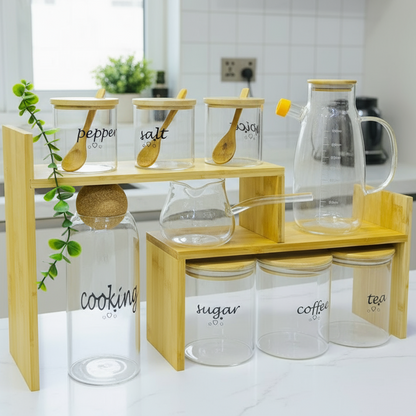 Inttox-Ensemble de bocaux en verre avec support en bambou