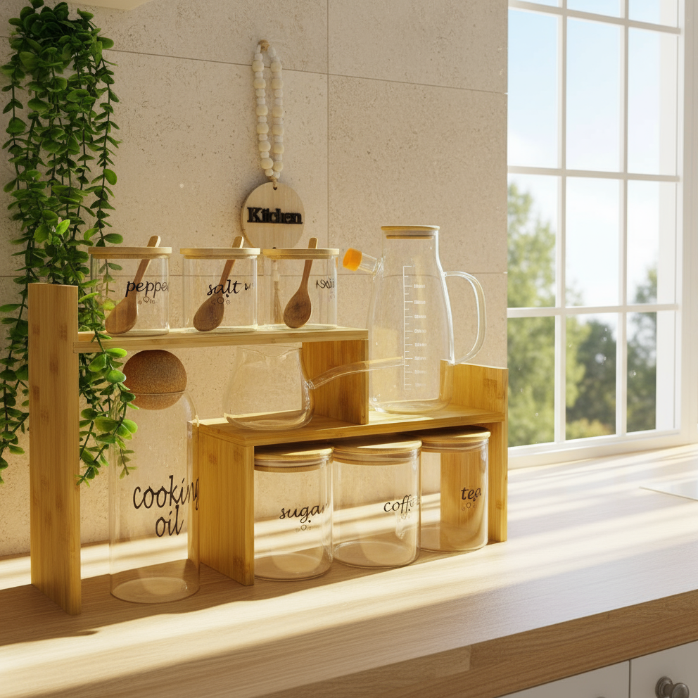 Inttox-Ensemble de bocaux en verre avec support en bambou