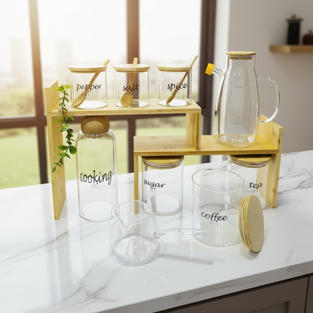 Inttox-Ensemble de bocaux en verre avec support en bambou