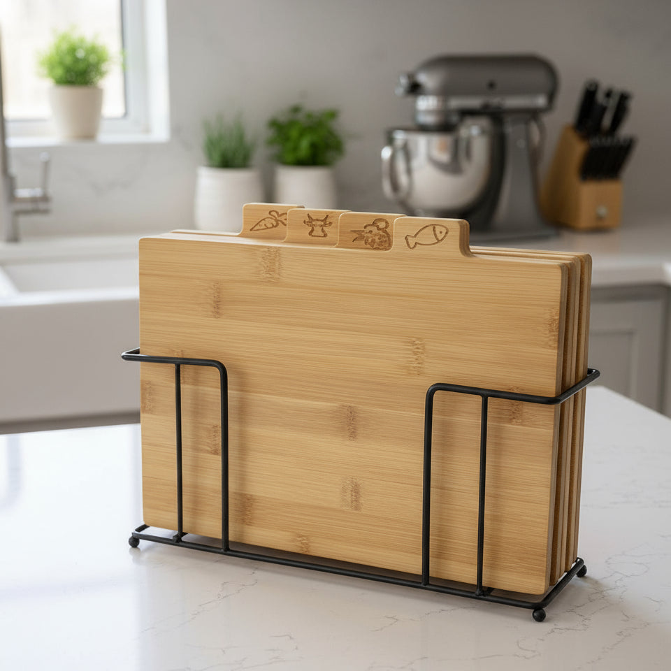Inttox-4 Planches à découper en métal noir et bambou avec support