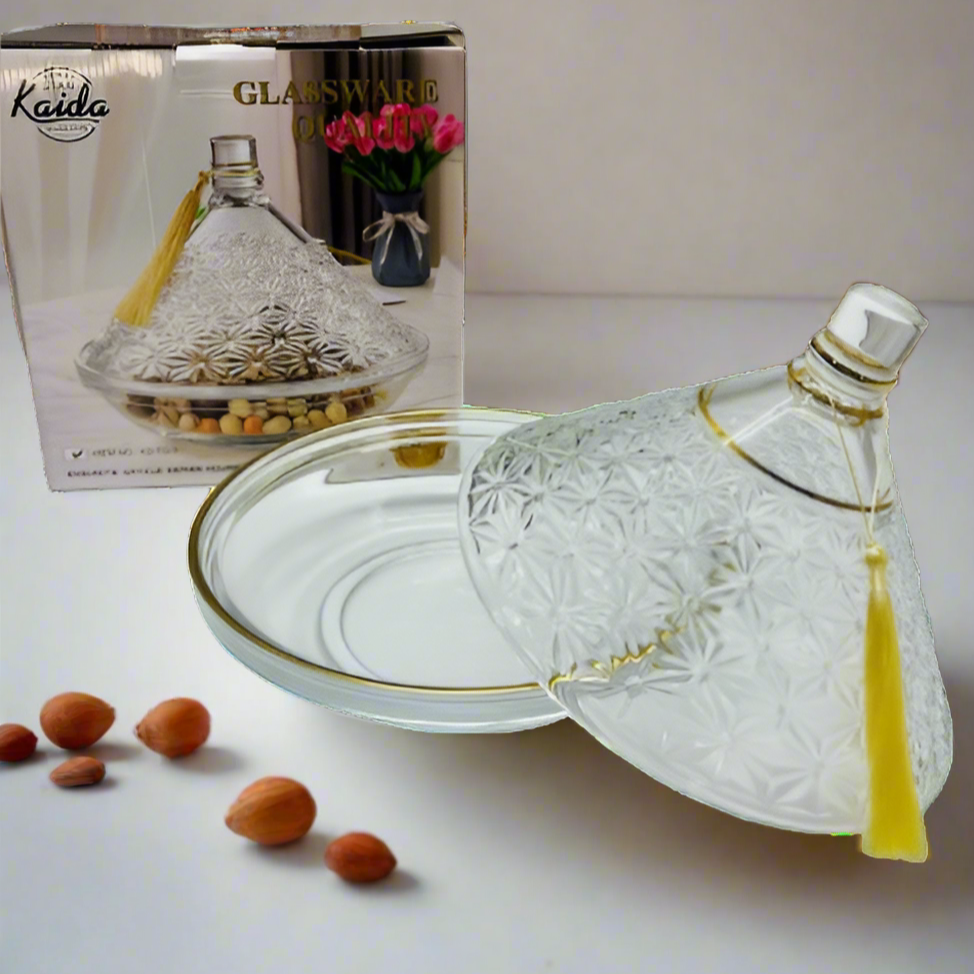 Inttox-✨ Tajine en Verre Transparent avec Design Doré et Pompon Décoratif ✨