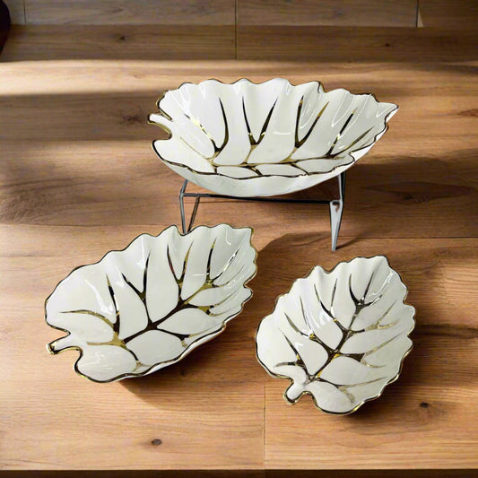 Inttox-🍃✨ Ensemble de 3 Bols en Céramique Feuille Émaillée – Design Élégant avec Détails Dorés 🌿💫