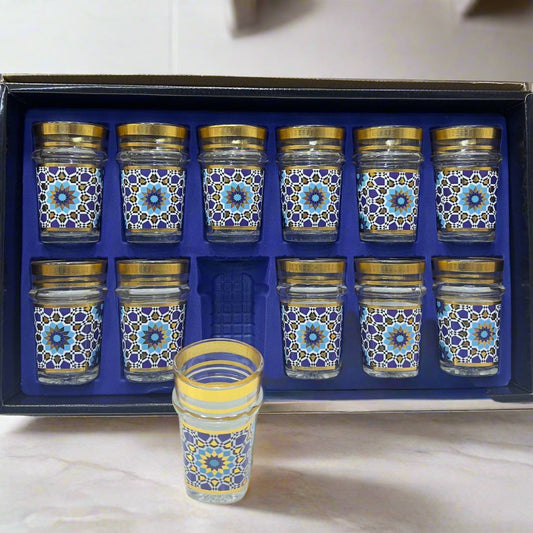 Inttox- Ensemble de 12 Verres à Thé Marocains – Style Zellige Doré & Bleu 🫖🌟