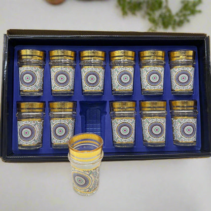 Inttox- Ensemble de 12 Verres à Thé Marocains – Style Zellige Doré & Bleu 🫖🌟