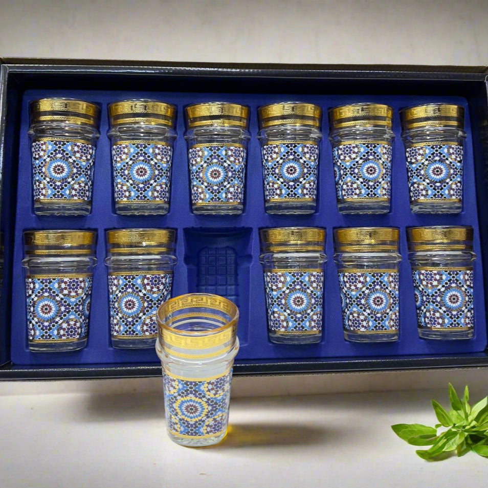Inttox- Ensemble de 12 Verres à Thé Marocains – Style Zellige Doré & Bleu 🫖🌟