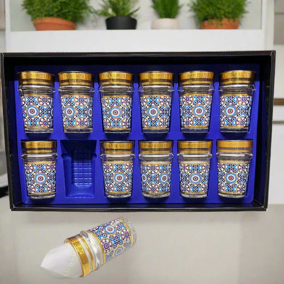 Inttox- Ensemble de 12 Verres à Thé Marocains – Style Zellige Doré & Bleu 🫖🌟