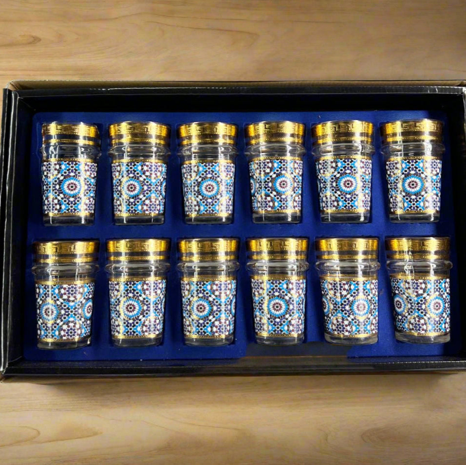 Inttox- Ensemble de 12 Verres à Thé Marocains – Style Zellige Doré & Bleu 🫖🌟