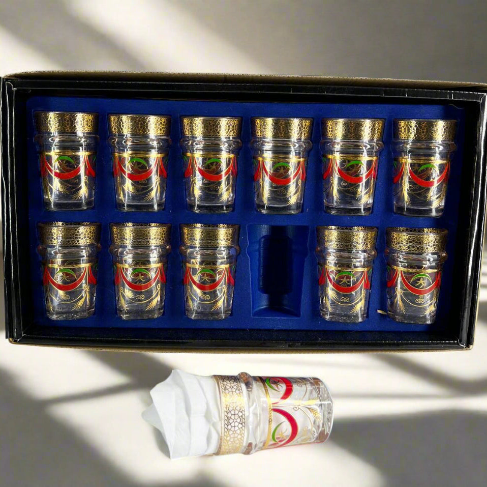 Inttox-🥇 Coffret de 12 Verres à Thé Marocains – Design Doré & Rouge Royal 🫖🇲🇦