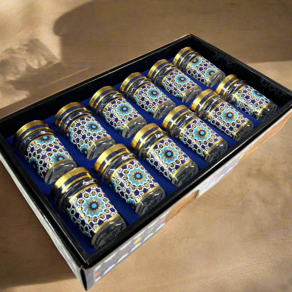 Inttox- Ensemble de 12 Verres à Thé Marocains – Style Zellige Doré & Bleu 🫖🌟