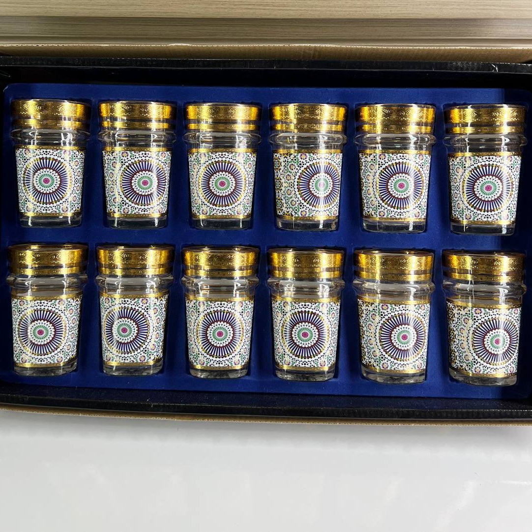 Inttox- Ensemble de 12 Verres à Thé Marocains – Style Zellige Doré & Bleu 🫖🌟
