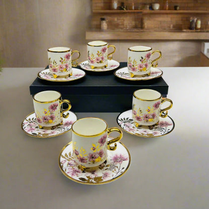 Inttox-☕🌸 Ensemble de tasses à café en porcelaine avec soucoupes – Motif floral doré élégant
