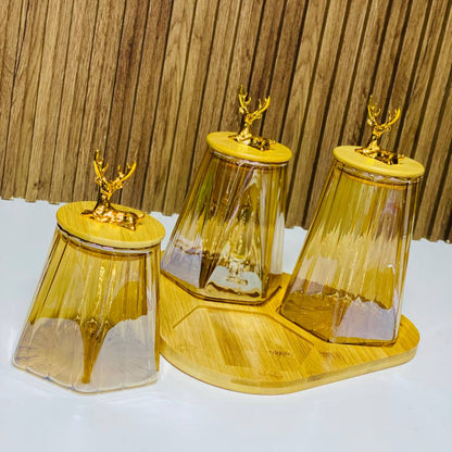 Inttox-🦌 Ensemble de Bocaux en Verre avec Couvercles en Bois & Or 🌟