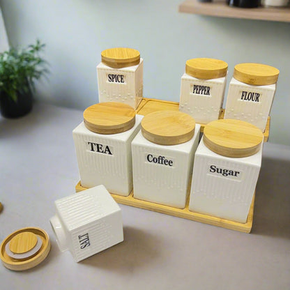 Inttox-🍵 Ensemble de Pots de Rangement en Céramique avec Couvercles en Bambou 🌿