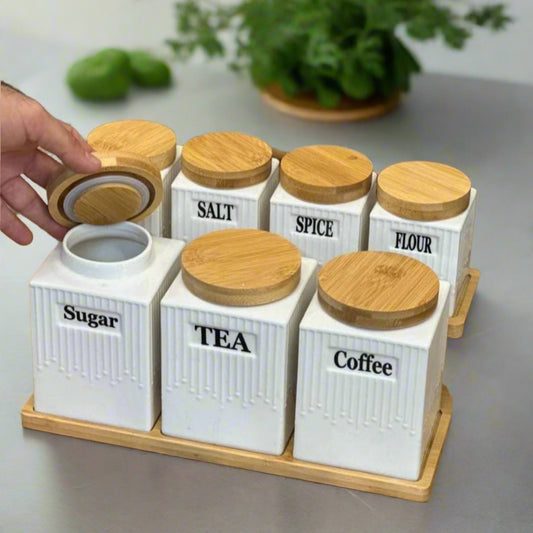 Inttox-🍵 Ensemble de Pots de Rangement en Céramique avec Couvercles en Bambou 🌿