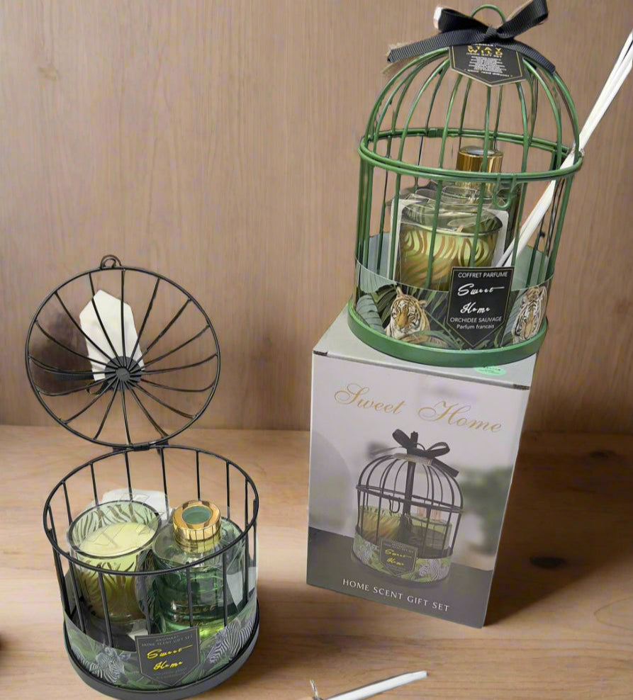 Inttox-🕯️🏡 Coffret Parfum d'Ambiance "Sweet Home" – Bougie & Diffuseur en Cage Décorative 🎁✨
