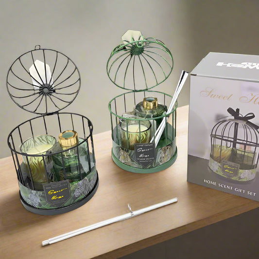 Inttox-🕯️🏡 Coffret Parfum d'Ambiance "Sweet Home" – Bougie & Diffuseur en Cage Décorative 🎁✨