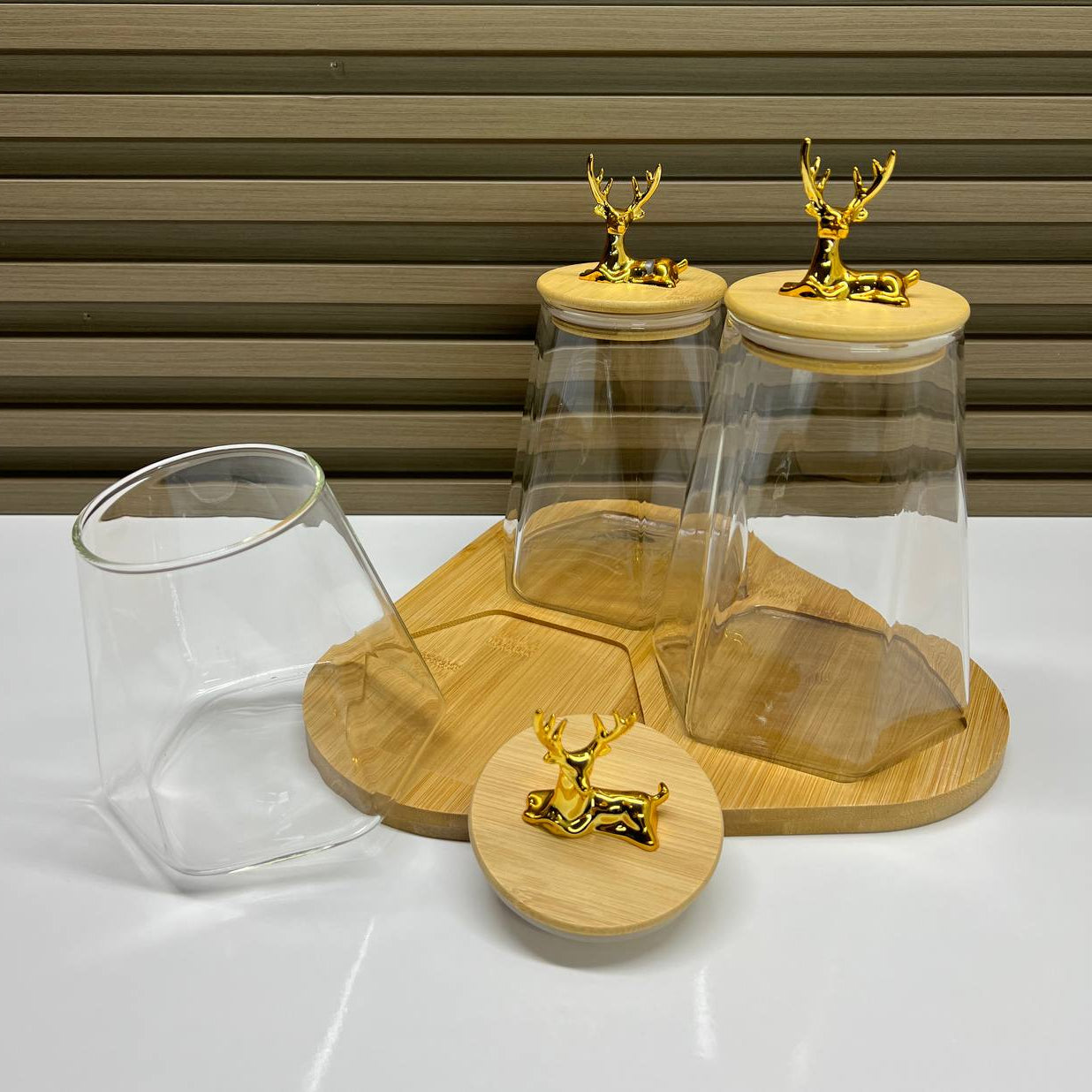 Inttox-🦌 Ensemble de Bocaux en Verre avec Couvercles en Bois & Or 🌟