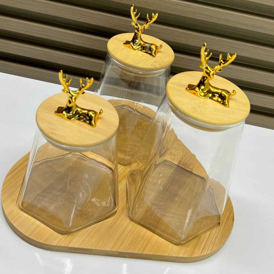 Inttox-🦌 Ensemble de Bocaux en Verre avec Couvercles en Bois & Or 🌟