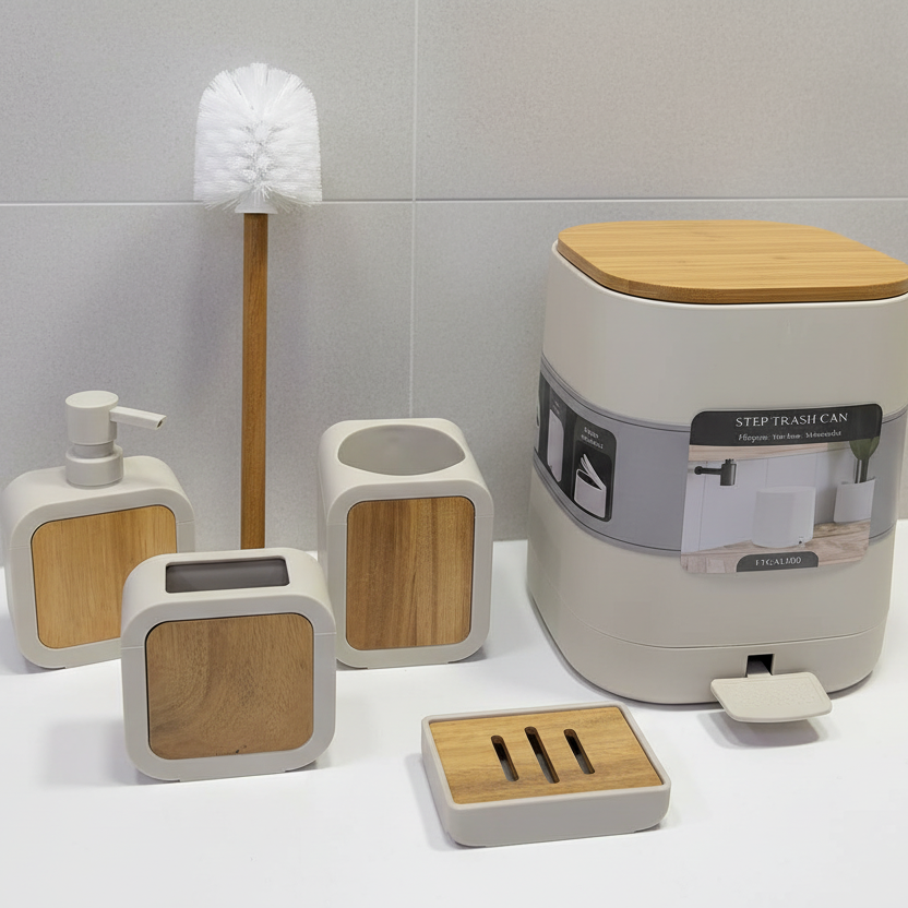 Inttox-Set d’Accessoires de Salle de Bain Moderne en Bambou