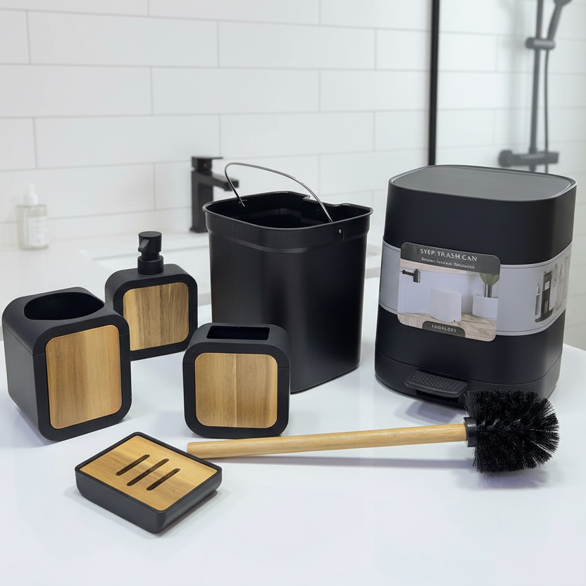 Inttox-Set d’Accessoires de Salle de Bain Moderne en Bambou