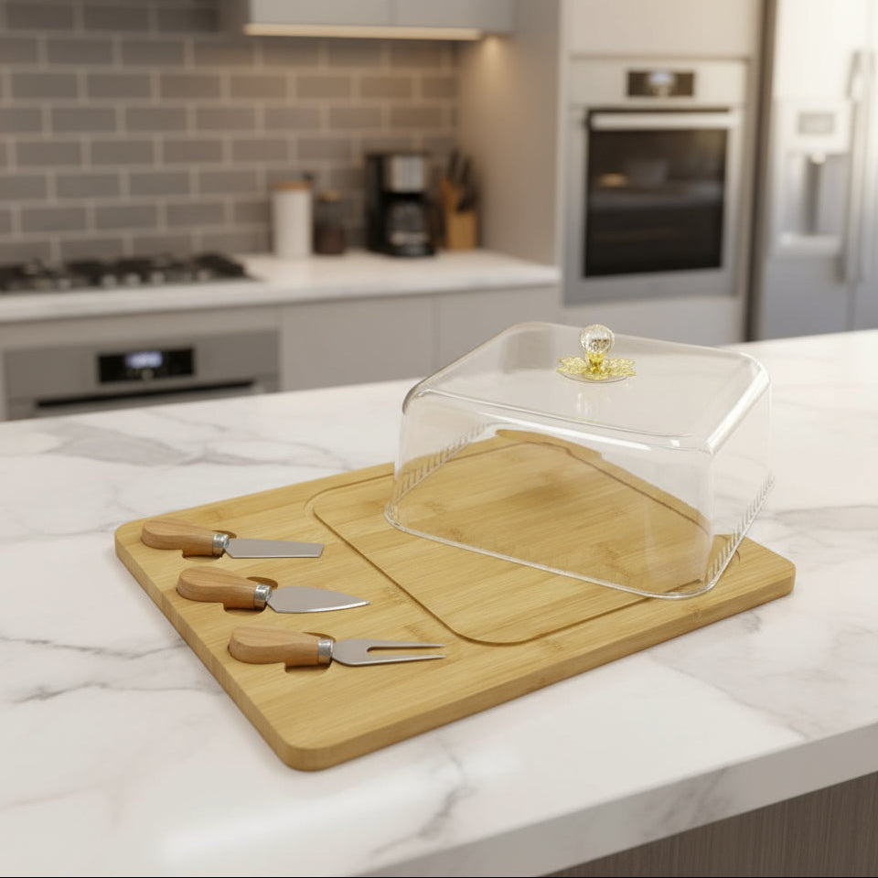 Inttox-🧀 Plateau à Fromage en Bambou avec Cloche & Couteaux