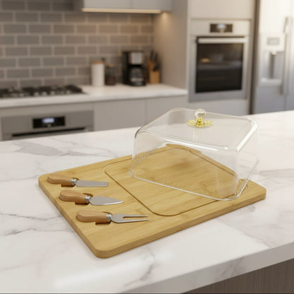 Inttox-🧀 Plateau à Fromage en Bambou avec Cloche & Couteaux