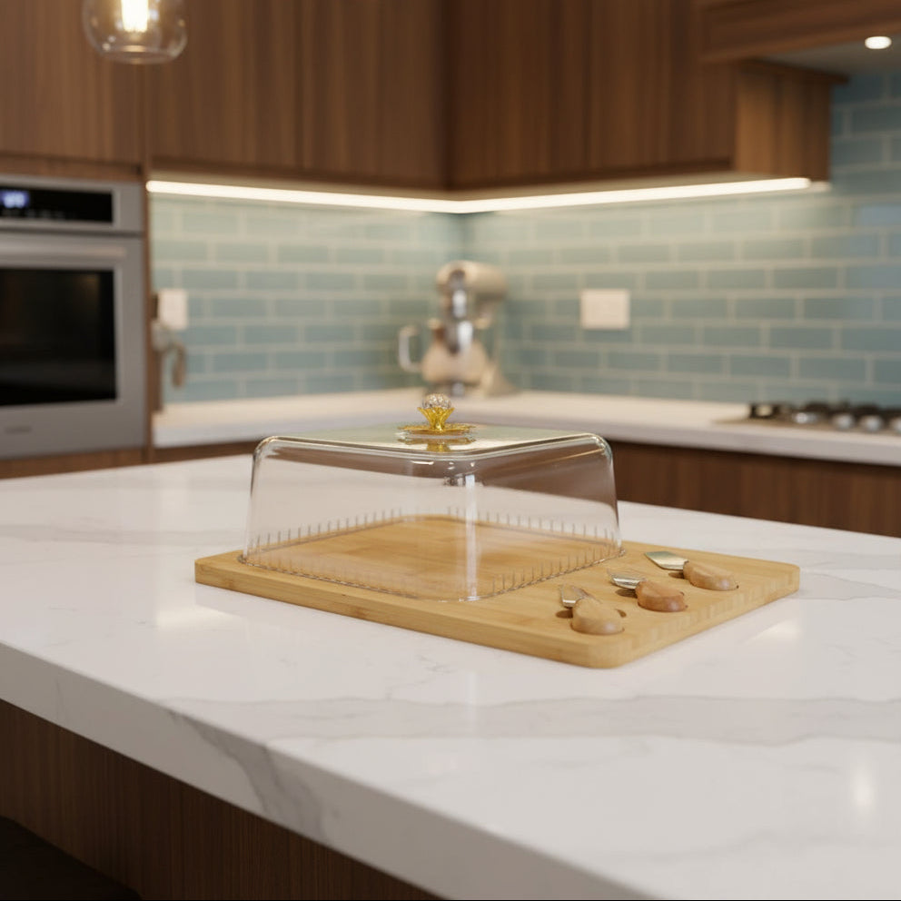 Inttox-🧀 Plateau à Fromage en Bambou avec Cloche & Couteaux