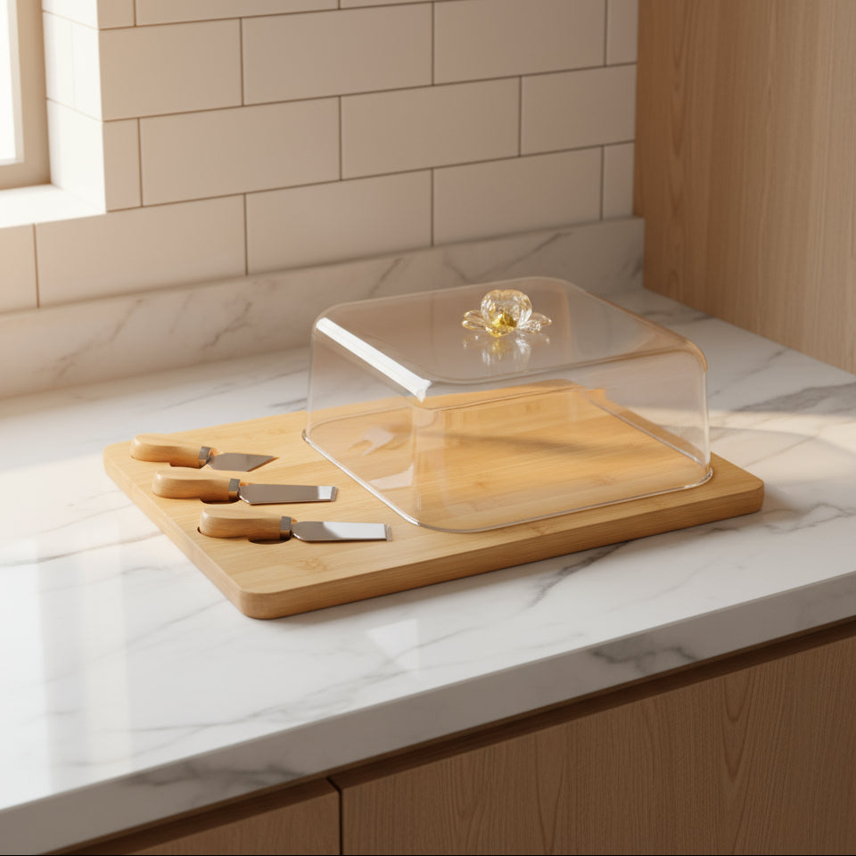 Inttox-🧀 Plateau à Fromage en Bambou avec Cloche & Couteaux