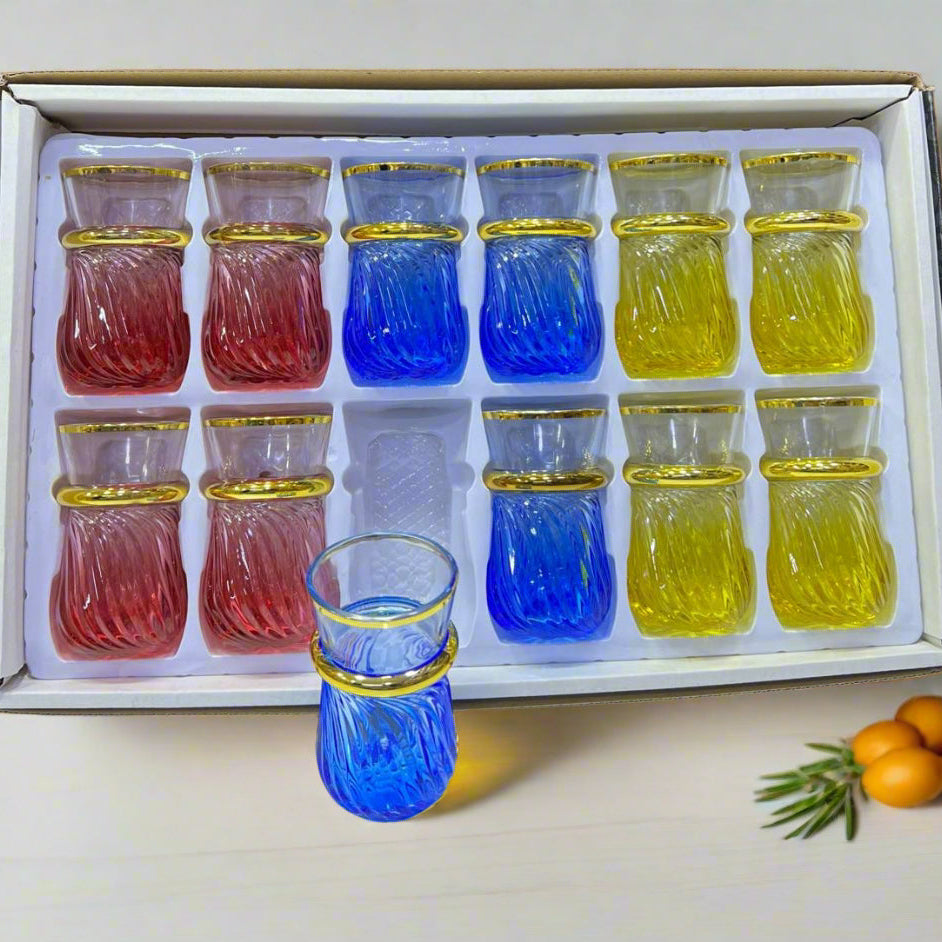 🥂 Inttox – Set de 12 Verres à Thé Marocains Colorés avec Finition Dorée ✨